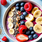 **

A vibrant and colorful smoothie bowl topped with fresh berries, sliced banana, chia seeds, coconut flakes, and a drizzle of nut butter. The background should be a bright, sunny kitchen setting, suggesting a healthy and energetic start to the day. Focus on the textures and colors to make the bowl look appetizing and Instagrammable.

**