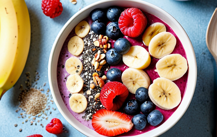 **
A vibrant and colorful smoothie bowl topped with fresh berries, sliced banana, chia seeds, coconut flakes, and a drizzle of nut butter. The background should be a bright, sunny kitchen setting, suggesting a healthy and energetic start to the day. Focus on the textures and colors to make the bowl look appetizing and Instagrammable.
**