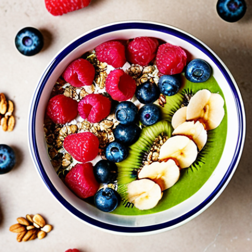 A vibrant, artfully arranged smoothie bowl in a clear glass bowl, brimming with a thick, creamy purple and green blend. It is generously topped with fresh, colorful berries (raspberries, blueberries), crunchy granola, toasted coconut flakes, and a sprinkle of chia seeds. The setting is bright and inviting, suggesting a healthy, energizing start to the day.