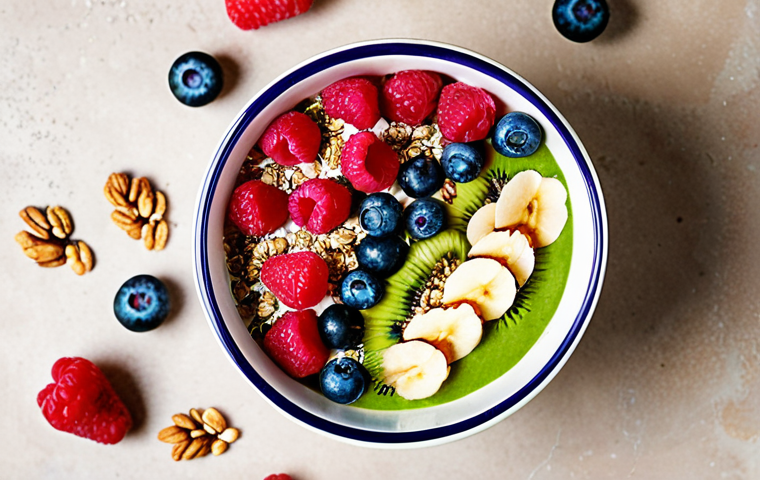 A vibrant, artfully arranged smoothie bowl in a clear glass bowl, brimming with a thick, creamy purple and green blend. It is generously topped with fresh, colorful berries (raspberries, blueberries), crunchy granola, toasted coconut flakes, and a sprinkle of chia seeds. The setting is bright and inviting, suggesting a healthy, energizing start to the day.