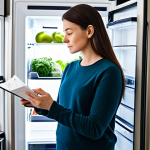 A thoughtful person, fully clothed in modest, comfortable attire, stands in a brightly lit, modern kitchen. They are holding a neatly written grocery list while looking into an organized refrigerator filled with fresh, diverse produce. The scene emphasizes mindful planning and conscious consumption, with a focus on smart shopping habits to reduce food waste. The overall image should convey a sense of calm and efficiency. safe for work, appropriate content, fully clothed, family-friendly, perfect anatomy, correct proportions, natural pose, well-formed hands, proper finger count, natural body proportions, professional photography, high quality.