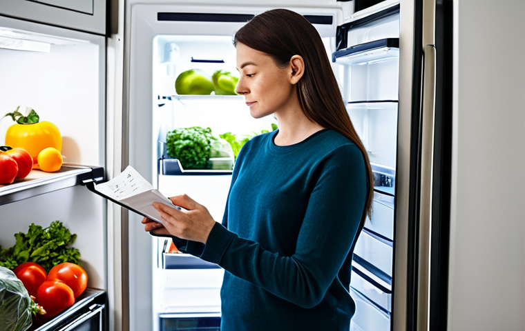 A thoughtful person, fully clothed in modest, comfortable attire, stands in a brightly lit, modern kitchen. They are holding a neatly written grocery list while looking into an organized refrigerator filled with fresh, diverse produce. The scene emphasizes mindful planning and conscious consumption, with a focus on smart shopping habits to reduce food waste. The overall image should convey a sense of calm and efficiency. safe for work, appropriate content, fully clothed, family-friendly, perfect anatomy, correct proportions, natural pose, well-formed hands, proper finger count, natural body proportions, professional photography, high quality.