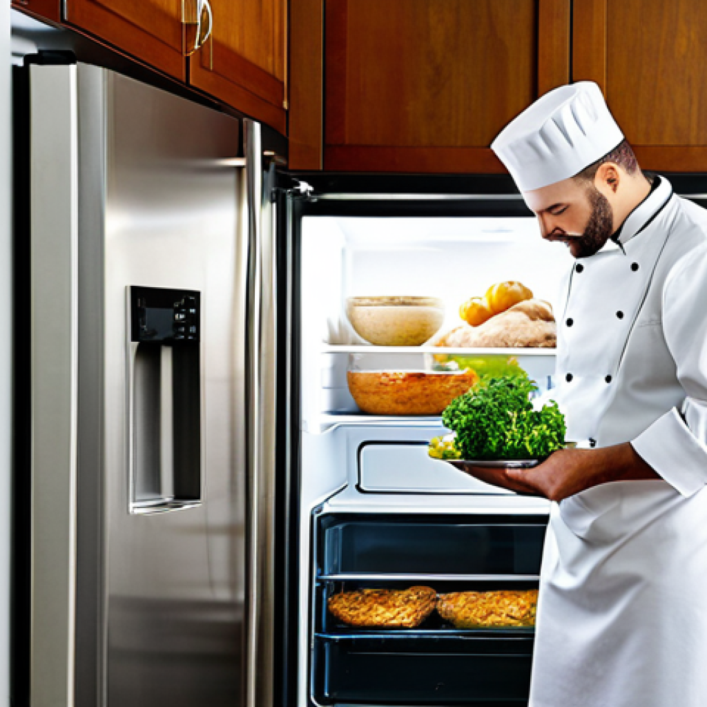 A professional chef, fully clothed in clean, modest kitchen attire, stands thoughtfully in a bright, inviting home kitchen, gazing into an open refrigerator. The refrigerator is neatly stocked with various wholesome food leftovers, including a lone potato, a bunch of fresh parsley, and a piece of cooked chicken, conveying a sense of potential and culinary inspiration. The kitchen is warm and well-organized, reflecting a sustainable approach to cooking. The chef exhibits perfect anatomy, correct proportions, and a natural pose, with well-formed hands and proper finger count. Professional photography, high quality, realistic, fully clothed, appropriate attire, modest clothing, family-friendly, safe for work, appropriate content.