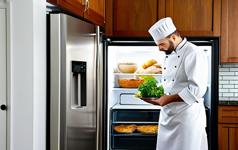 A professional chef, fully clothed in clean, modest kitchen attire, stands thoughtfully in a bright, inviting home kitchen, gazing into an open refrigerator. The refrigerator is neatly stocked with various wholesome food leftovers, including a lone potato, a bunch of fresh parsley, and a piece of cooked chicken, conveying a sense of potential and culinary inspiration. The kitchen is warm and well-organized, reflecting a sustainable approach to cooking. The chef exhibits perfect anatomy, correct proportions, and a natural pose, with well-formed hands and proper finger count. Professional photography, high quality, realistic, fully clothed, appropriate attire, modest clothing, family-friendly, safe for work, appropriate content.
