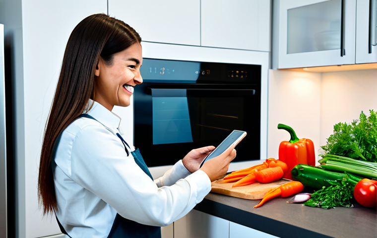 **

A brightly lit, modern kitchen featuring a smartphone or tablet displaying a cooking app interface. On the counter, there are various fresh, colorful ingredients like vegetables and herbs. A friendly-looking individual, fully clothed in casual attire, is looking at the screen with a smile. The overall scene should convey a sense of inspiration and culinary exploration. Perfect anatomy, correct proportions, well-formed hands, proper finger count, safe for work, appropriate content, fully clothed, professional, modest, family-friendly.

**
