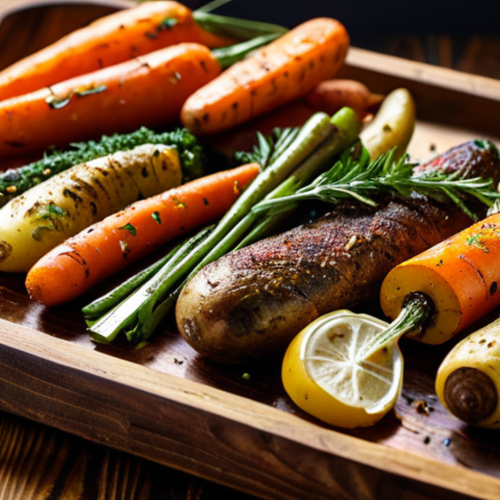 식재료 활용  다양한 조리 방법 비교하기 - **Roasted Vegetables:** "A vibrant assortment of roasted vegetables including carrots, potatoes, and...