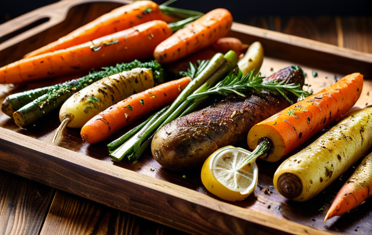 식재료 활용  다양한 조리 방법 비교하기 - **Roasted Vegetables:** "A vibrant assortment of roasted vegetables including carrots, potatoes, and...