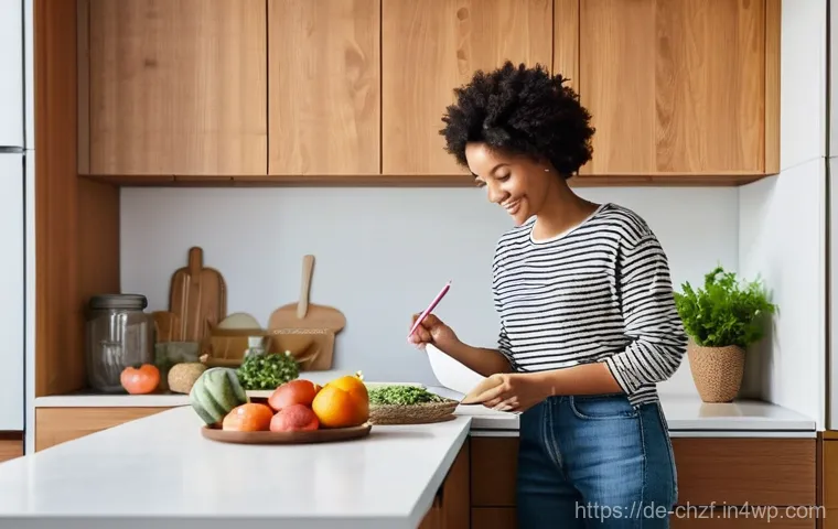 식재료 활용 팁  절약과 건강 두 마리 토끼 잡기 - **Prompt:** A cozy and well-organized kitchen scene where a person, perhaps in their late 20s to ear...