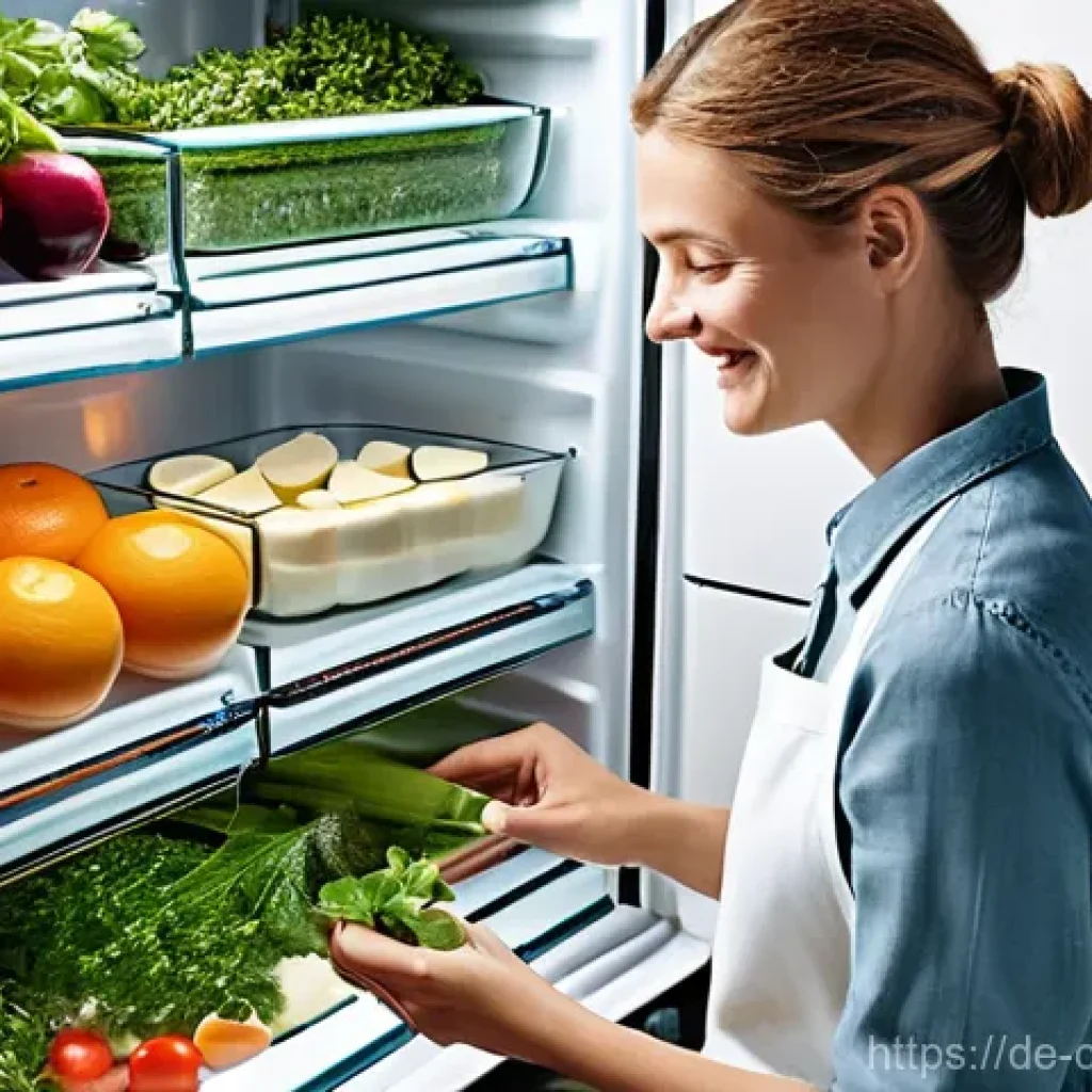 남은 식재료를 활용한 친환경 요리 팁 - **Prompt 1: Optimized German Refrigerator for Freshness**
    A brightly lit, modern German kitchen ...
