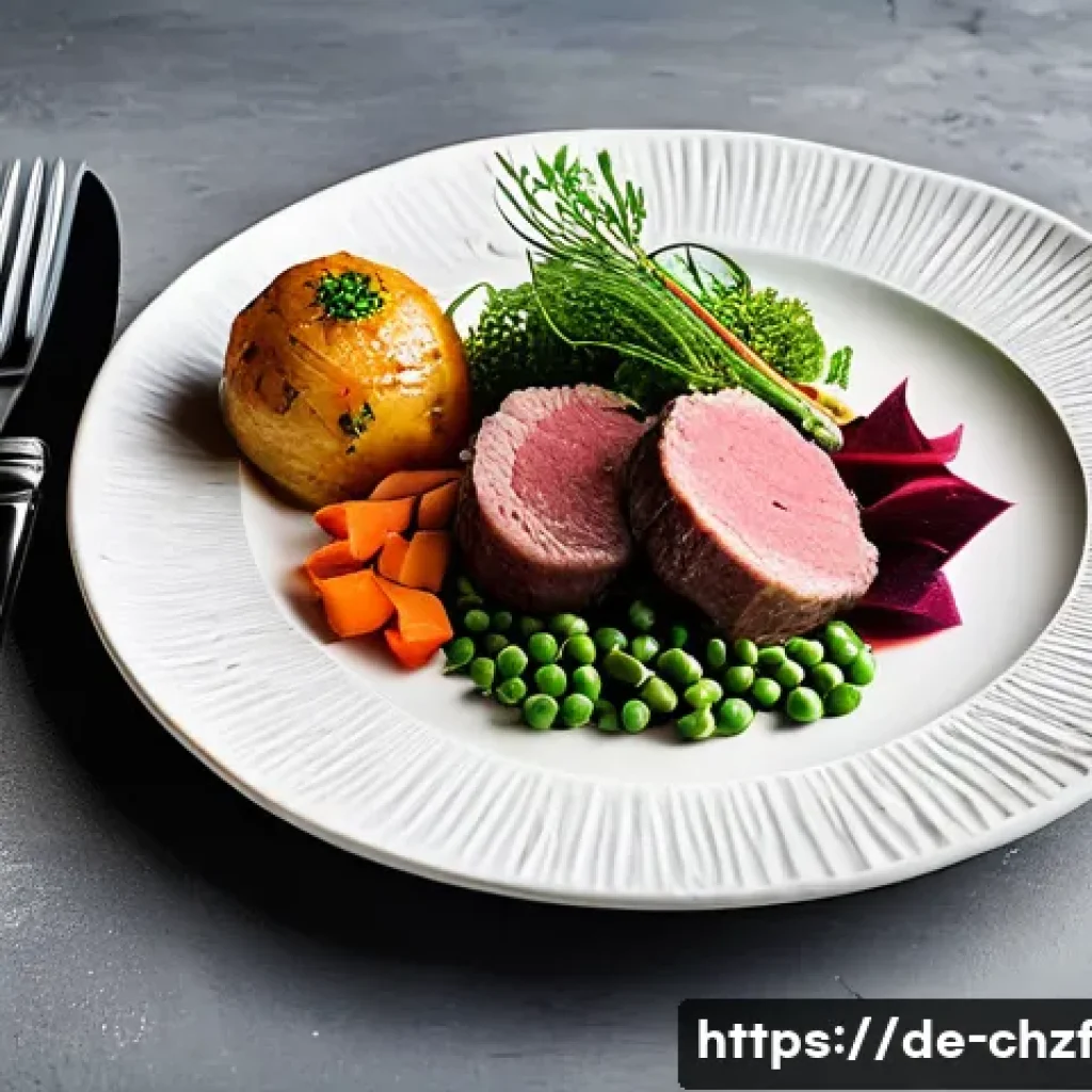 식재료를 활용한 특별한 디너 아이디어 - A beautifully arranged gourmet dinner plate showcasing regional German ingredients: tender beef roul...