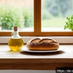 식재료를 활용한 창의적인 레시피 모음 - A minimalist rustic kitchen scene featuring a wooden table set with a fresh loaf of crusty bread, ri...