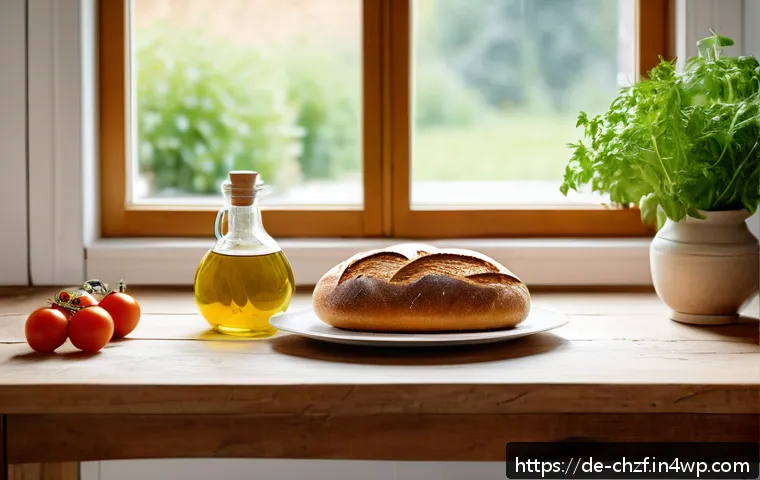 식재료를 활용한 창의적인 레시피 모음 - A minimalist rustic kitchen scene featuring a wooden table set with a fresh loaf of crusty bread, ri...