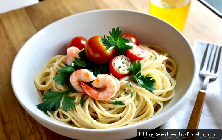 Home 17 식재료를 활용한 간단한 해물 요리 - Photorealistic overhead view of a simple German-style seafood pasta dinner: spaghetti tossed with pi...
