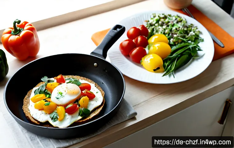 Home 17 식재료를 활용한 5분 요리법 - Photorealistic overhead view of a bright German home kitchen, a simple five-minute meal in progress:...