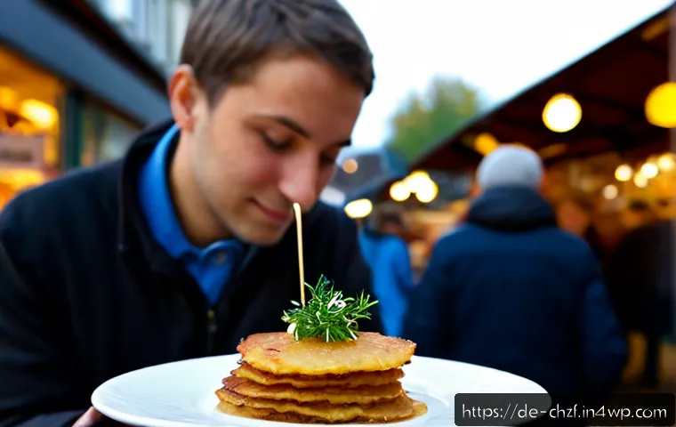 식재료를 활용한 인기 있는 길거리 음식 - Photorealistic close-up of a German street food vendor serving crispy potato pancakes with applesauc...